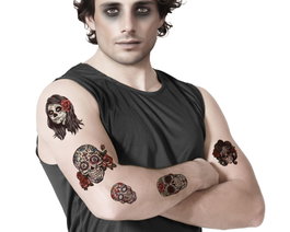 Tatuajes temporales multicolor con calaveras y rosas para Día de los Muertos