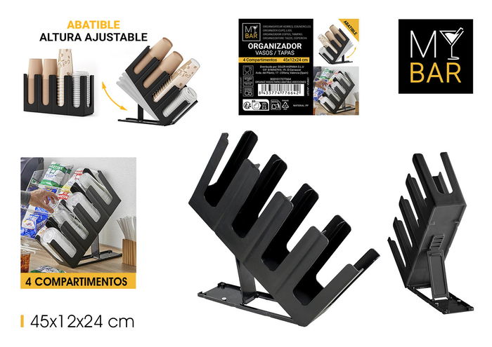 My Bar Organizador Vasos-Tapas Abatible 4 Secciones 44 cm Largo x 11.5 cm Ancho x 22.5 cm Alto (6 Unidades)