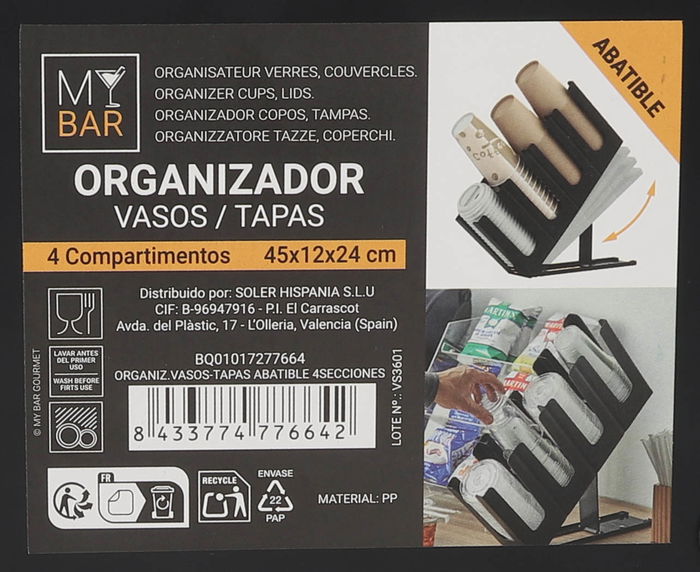 My Bar Organizador Vasos-Tapas Abatible 4 Secciones 44 cm Largo x 11.5 cm Ancho x 22.5 cm Alto (6 Unidades)