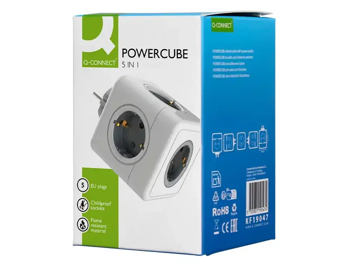 Q-connect Regleta Cubo 5 en 1 Directo a Pared, 5 Tomas de Corriente, 75x75x112mm