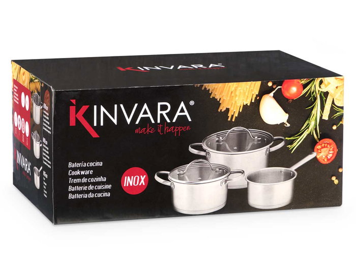 KINVARA Set de 3 Cacerolas de Acero con Tapas de Cristal