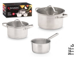 KINVARA Set de 3 Cacerolas de Acero con Tapas de Cristal
