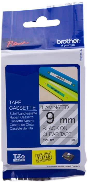Brother TZe-121 Cinta Laminada 9 mm Negro sobre Transparente