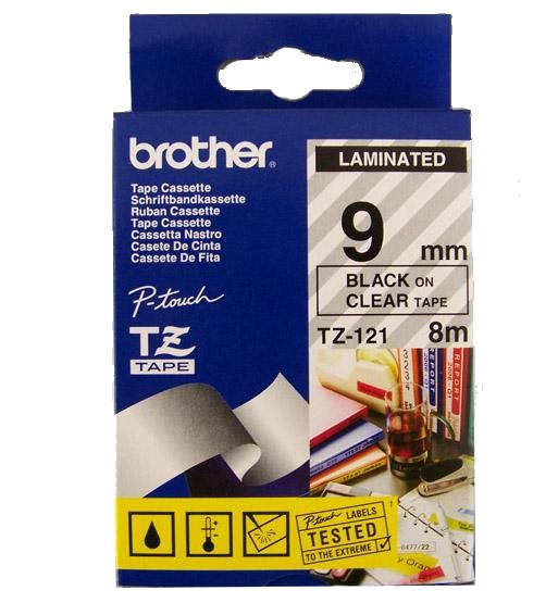 Brother TZe121 Cinta laminada transparente/negro 9 mm