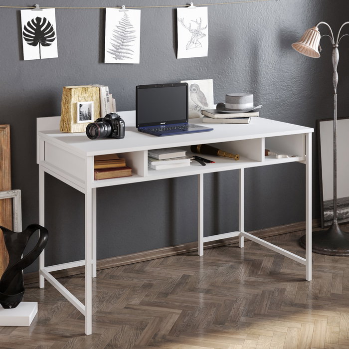 Hanah Home Mesa de Estudio Blanca 119.5cm x 65.2cm x 62cm Melamina Patas Metálicas