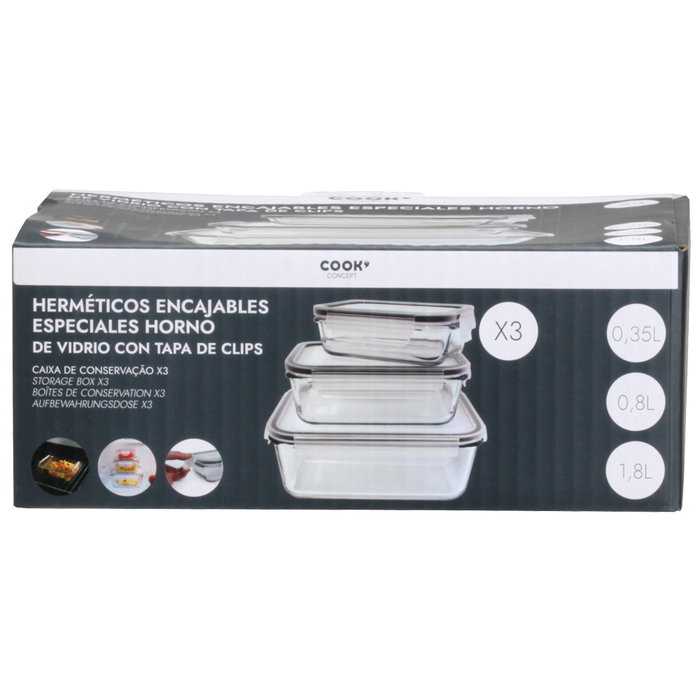 Cook Concept Juego de 3 Herméticos Horno Cristal con tapa 1,8L 0,8L 0,35L Cook Concept Juego de 3 Herméticos Horno Cristal con tapa 1,8L 0,8L 0,35L