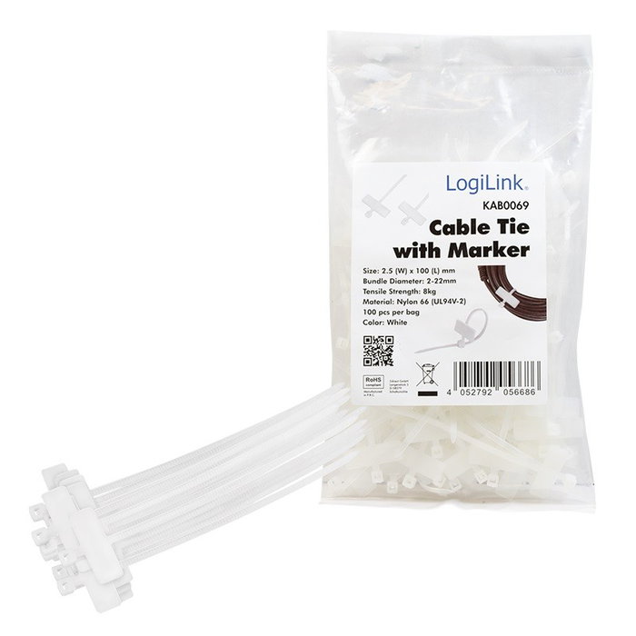LogiLink Pack de 100 bridas de sujeción con marcador, PA66, 2,5 mm x 100 mm, transparente LogiLink Pack de 100 bridas de sujeción con marcador, PA66, 2,5 mm x 100 mm, transparente