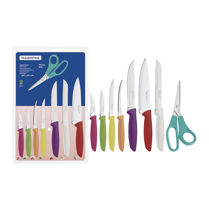 Tramontina Juego de Cuchillos de Cocina 8 Piezas Acero Inoxidable con Mango de Polipropileno Colores Surtidos