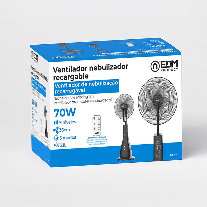 EDM Ventilador Nebulizador Recargable 70W, Control Remoto, 9 Velocidades, 3 Modos, Temporizador 9h, Batería 4500mAh, Tanque 3.1L, Humidificación 200ml/h, Ø41 x 128 cm