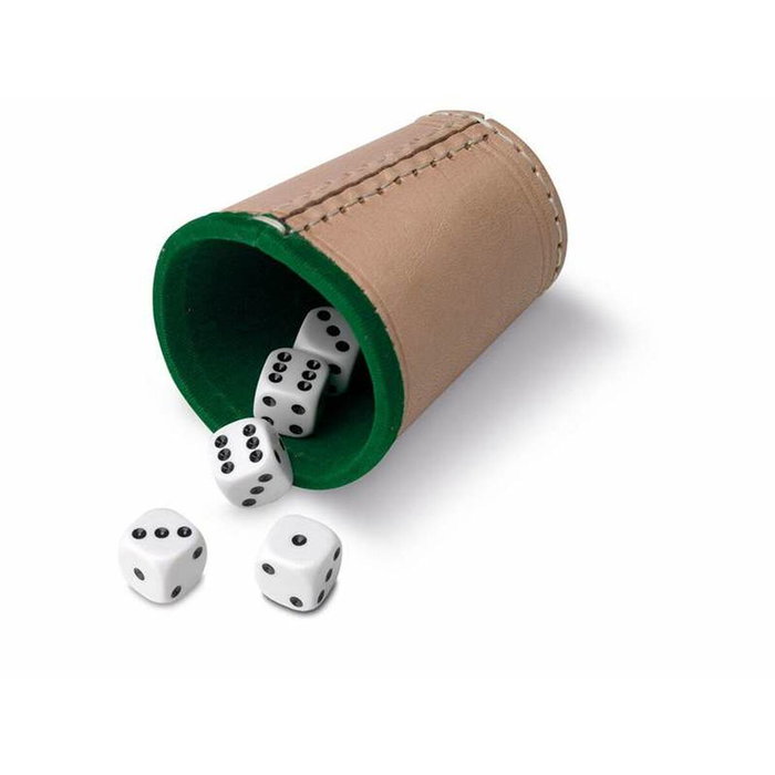 Cayro Cubilete Forrado en Cuero con 5 Dados de Puntos