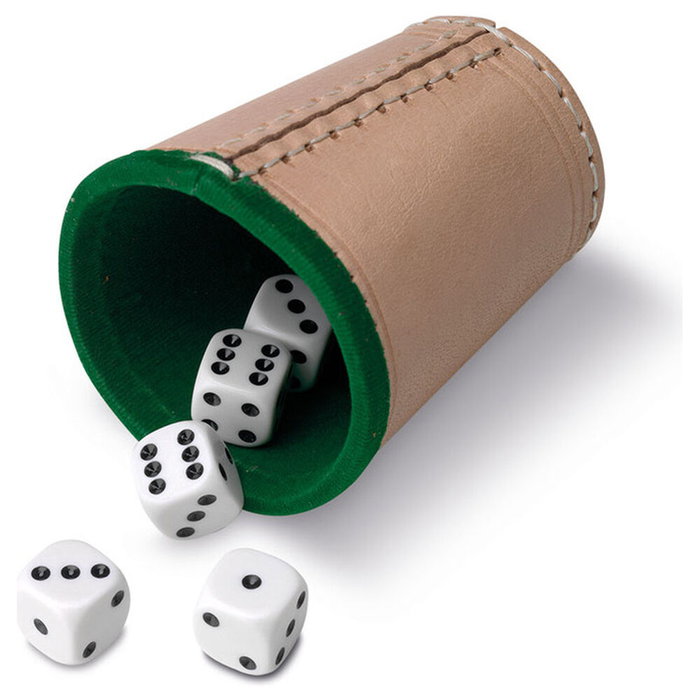 Cayro Cubilete Forrado en Cuero con 5 Dados de Puntos