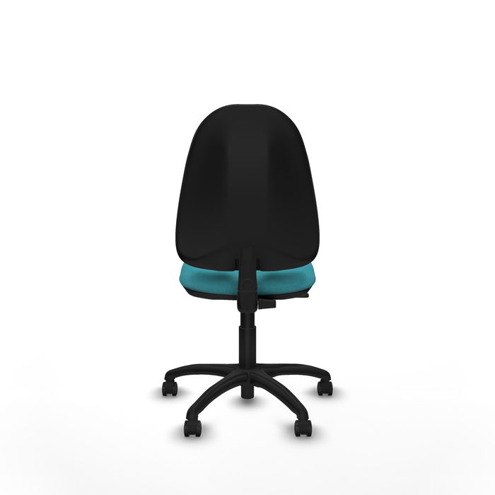Silla de oficina Algarra con mecanismo Contacto permanente básico tapizada con Tela color Turquesa. Equipada con Base poliamida negra, Sin brazos y Ruedas de parqué