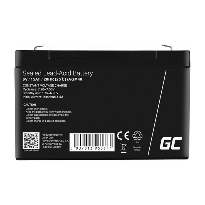 Green Cell AGM40 Batería VRLA AGM 6V 15Ah 1,8kg Negro para SAI/USV Green Cell AGM40 Batería VRLA AGM 6V 15Ah 1,8kg Negro para SAI/USV