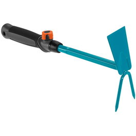 GARDENA 8913-20 Azada de empuje push-pull con hoja trapecio de acero, mango de plástico, 2 dientes, color turquesa y negro