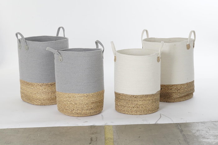 DKD Home Decor Cesta Boho de Algodón y Fibra, Gris Claro y Blanco, Set de 2 Piezas, 40 x 52 x 40 cm DKD Home Decor Cesta Boho de Algodón y Fibra, Gris Claro y Blanco, Set de 2 Piezas, 40 x 52 x 40 cm