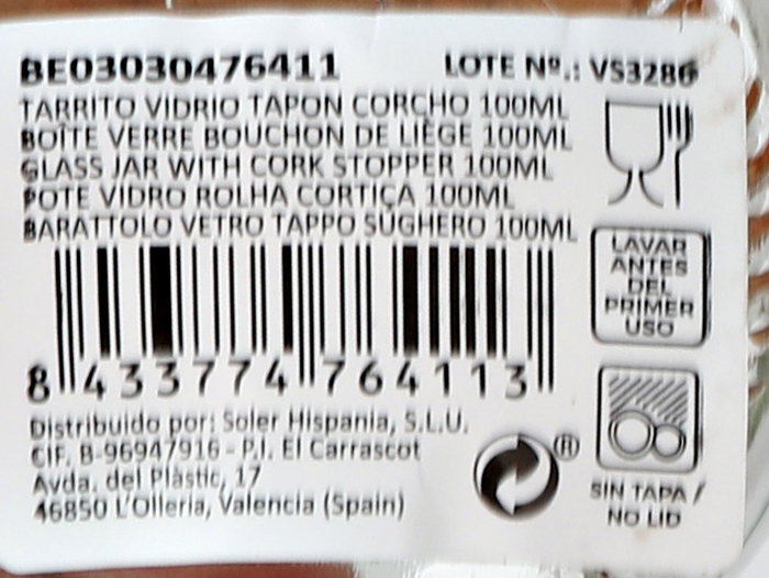 La Mediterranea Tarrito de Vidrio con Tapa de Corcho 100ml (Pack de 36 Unidades)