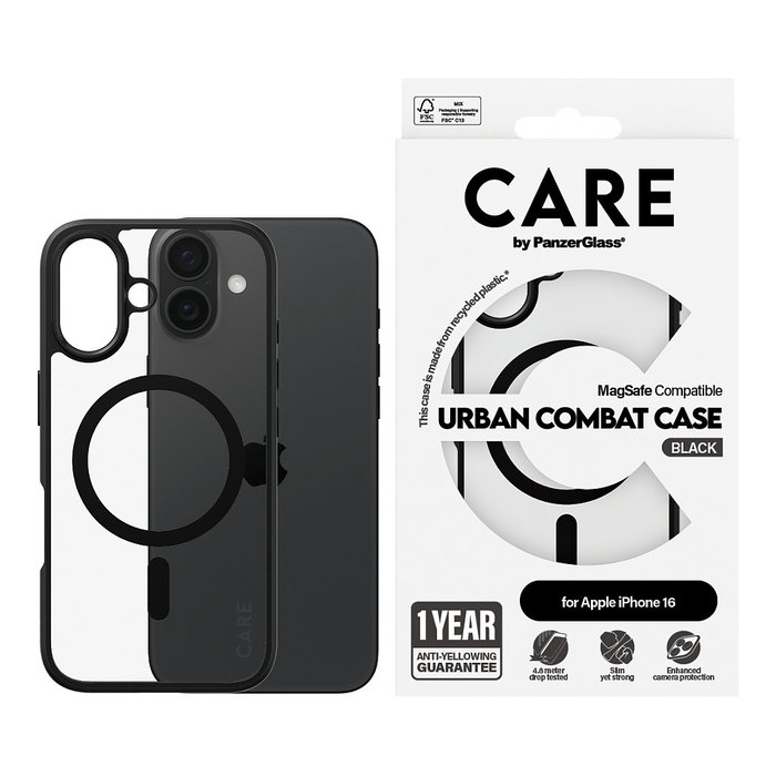 PanzerGlass CARE Urban Combat Black MagSAFE para iPhone 16: Funda Transparente Marco Negro Resistente a Golpes PanzerGlass CARE Urban Combat Black MagSAFE para iPhone 16: Funda Transparente Marco Negro Resistente a Golpes