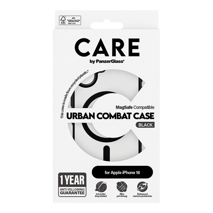 PanzerGlass CARE Urban Combat Black MagSAFE para iPhone 16: Funda Transparente Marco Negro Resistente a Golpes PanzerGlass CARE Urban Combat Black MagSAFE para iPhone 16: Funda Transparente Marco Negro Resistente a Golpes