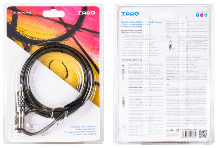 Tooq Cable de Seguridad Tipo NANO con Combinación, 1,5m, Gris Oscuro
