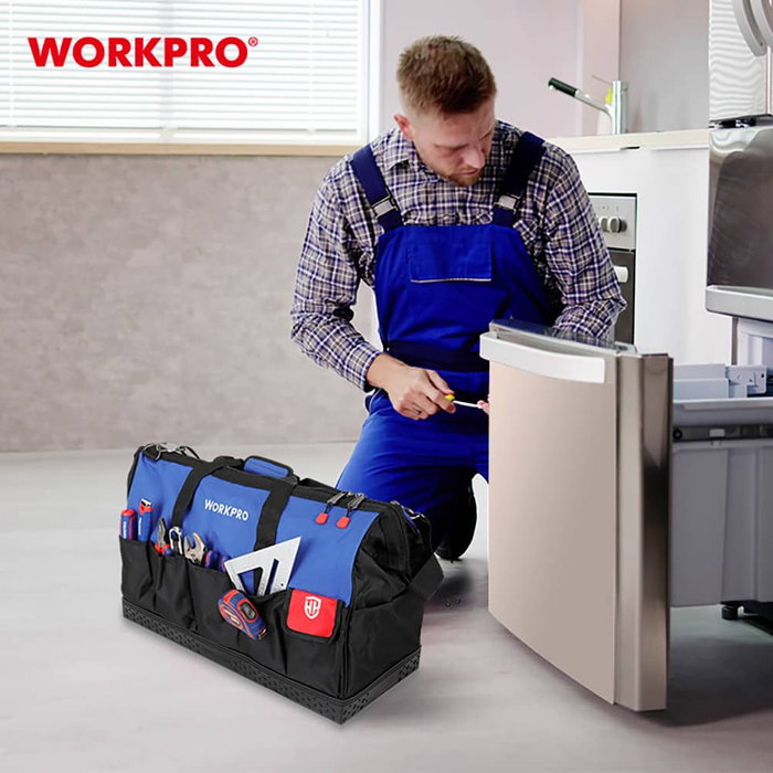 Workpro Bolsa de Herramientas con Cremallera 60 cm, Poliéster 600D, Base Impermeable, 60x26x40 cm, Compartimento Principal + 20 Bolsillos