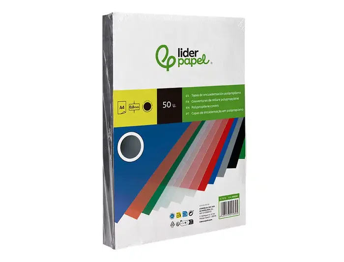 Liderpapel Tapa Encuadernacion Polipropileno Din A4 0.8mm Negro Opaco Paquete 50 Unidades