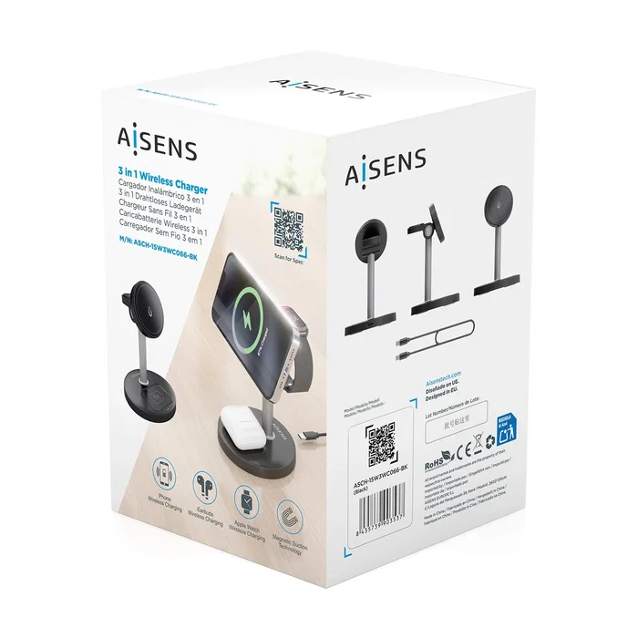 Aisens Cargador Inalámbrico 3 en 1 15W ASCH-15W3WC066-BK Negro