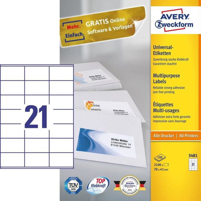 Avery Zweckform Etiquetas Adhesivas 70 x 41 mm Blanco, Pack A4 (3481) para Impresión y Organización