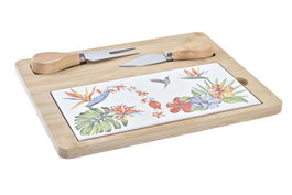DKD Home Decor Set de 4 Tablas de Aperitivo Tropic Garden Multicolor de Bambú y Gres de 24,5x20x1,2 cm