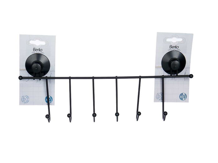 Berilo Percha Metal Negro Mate 6 Ganchos con Ventosa 39x16x4.9 cm (Set de 12)