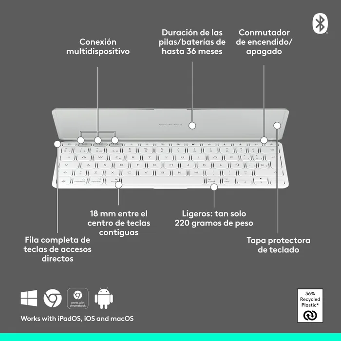 Logitech Keys-To-Go 2 Teclado Bluetooth Español Gris, Blanco Logitech Keys-To-Go 2 Teclado Bluetooth Español Gris, Blanco