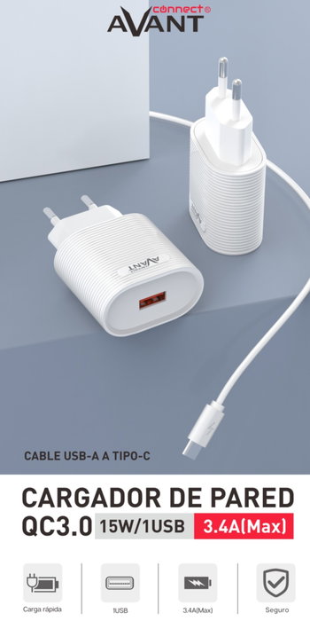Avant Connect Cargador USB con Cable Tipo C, 15W, QC 3.0, Carga Rapida