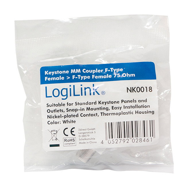 LogiLink Keystone Verbinder F-Type 75 Ohm F/F Blanco