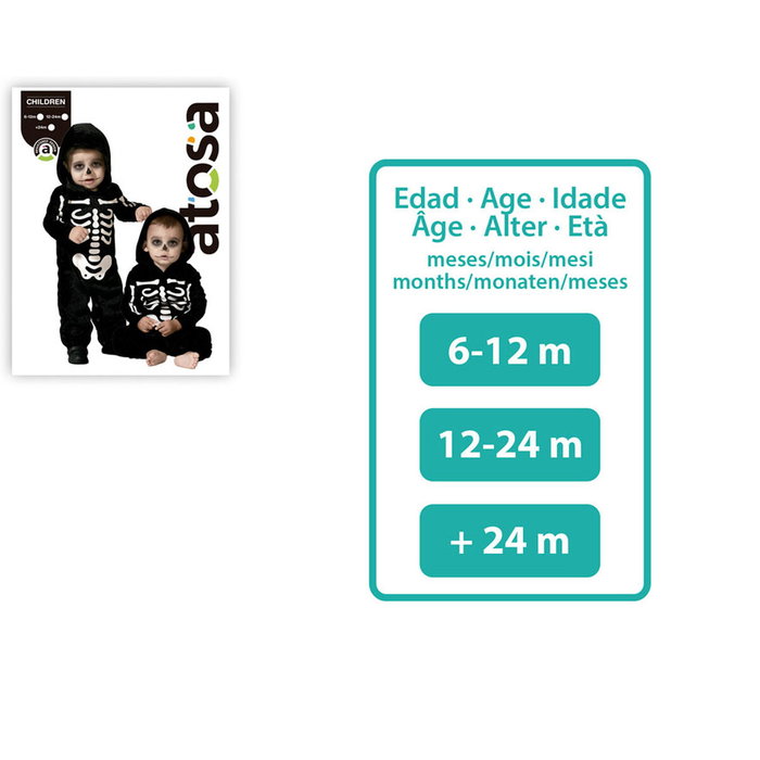 Disfraz Esqueleto Bebé Halloween - Mono Negro con Huesos Blancos - Talla 12-24 Meses