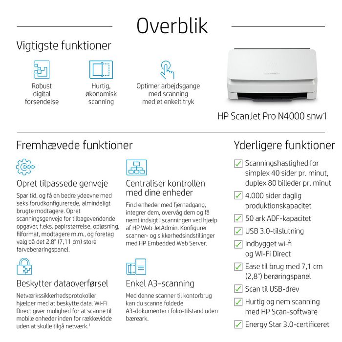 HP ScanJet Pro N4000 snw1 Escáner Alimentación de Hojas, Velocidad de 40 ppm/80 ipm, ADF de 50 páginas