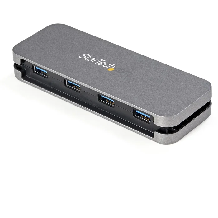StarTech.com HB30AM4AB Hub USB 3.2 Gen 1 de 4 Puertos USB-A SuperSpeed 5Gbps Tipo A con Cable Integrado de 28 cm Alimentado por Bus, Negro y Gris