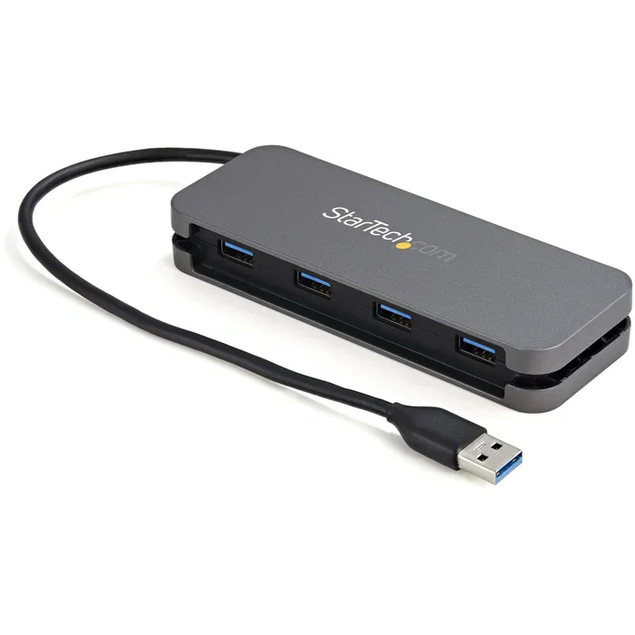 StarTech.com HB30AM4AB Hub USB 3.2 Gen 1 de 4 Puertos USB-A SuperSpeed 5Gbps Tipo A con Cable Integrado de 28 cm Alimentado por Bus, Negro y Gris