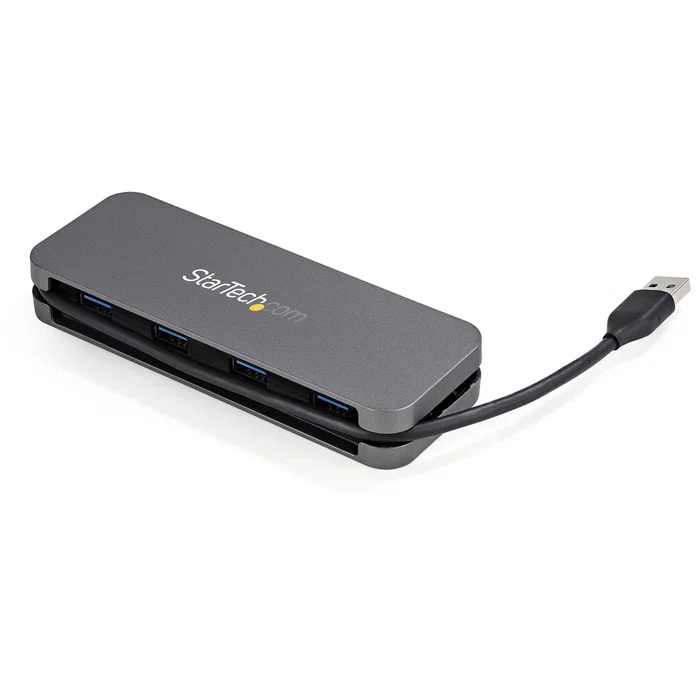 StarTech.com HB30AM4AB Hub USB 3.2 Gen 1 de 4 Puertos USB-A SuperSpeed 5Gbps Tipo A con Cable Integrado de 28 cm Alimentado por Bus, Negro y Gris