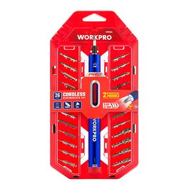 Workpro Kit Destornillador Eléctrico de Precisión Recargable USB 3.6V, 26 Accesorios, Batería 700mAh, Velocidad 100RPM, Par 0.35Nm, Luz LED