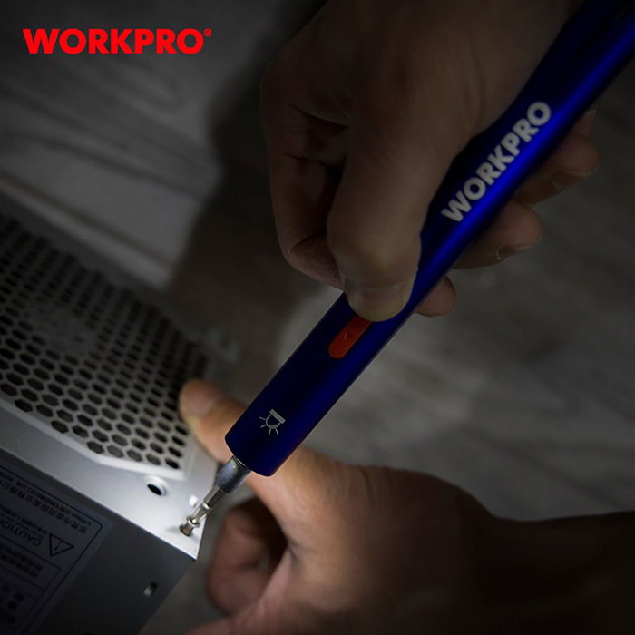 Workpro Kit Destornillador Eléctrico de Precisión Recargable USB 3.6V, 26 Accesorios, Batería 700mAh, Velocidad 100RPM, Par 0.35Nm, Luz LED
