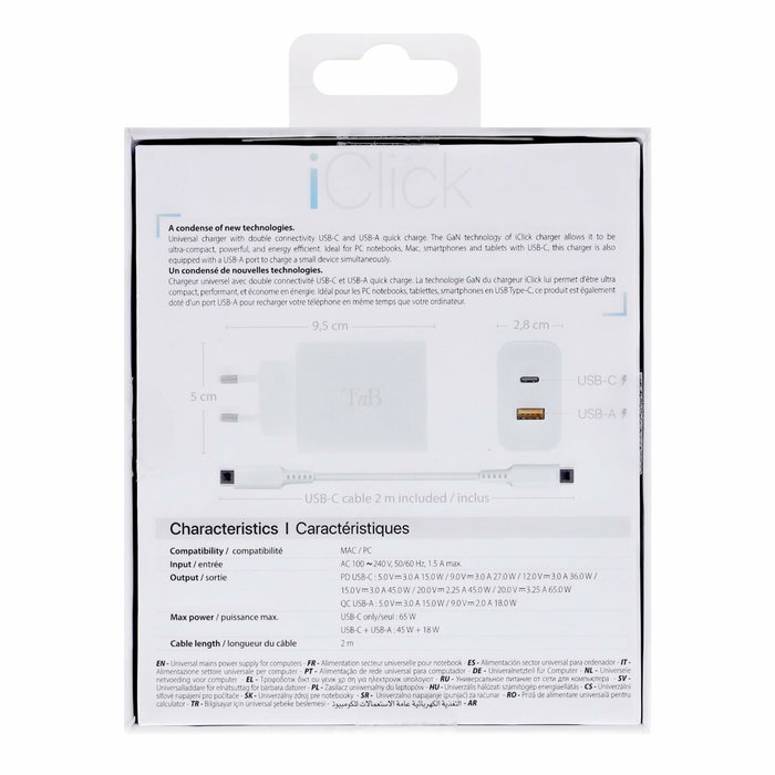 TNB iClick Cargador Compacto USB-C y USB-A 65W - Blanco TNB iClick Cargador Compacto USB-C y USB-A 65W - Blanco