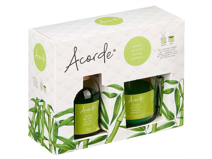 Acorde Set Mikado 100ml con Vela 30H, Bambú, Vidrio, Plástico, Verde, Dimensiones 19x15x7.5cm (Set de 6)