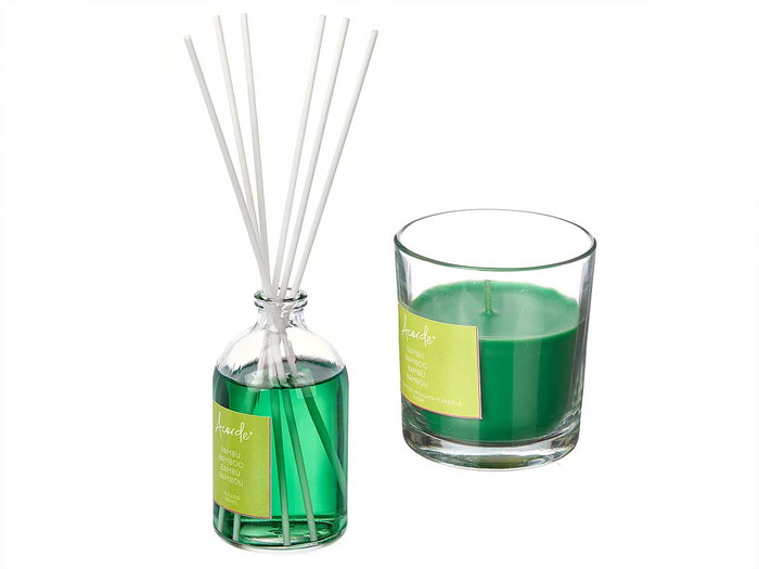 Acorde Set Mikado 100ml con Vela 30H, Bambú, Vidrio, Plástico, Verde, Dimensiones 19x15x7.5cm (Set de 6)