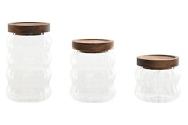 DKD Home Decor Set de 3 Botes de Cristal y Acacia 750ml