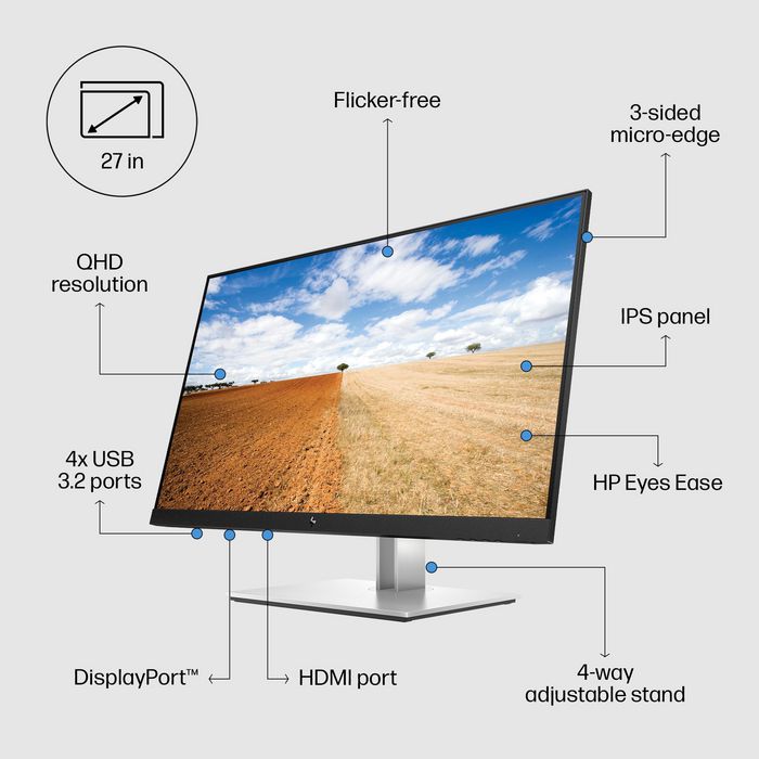 HP E27q G4 Monitor 27 pulgadas QHD (2560x1440) con 5ms, HP Eye Ease y Ergonomía Optimizada. Puertos HDMI, DisplayPort y USB.