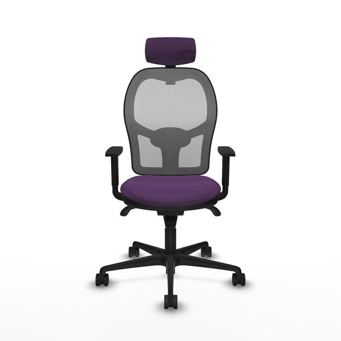 Silla de oficina Jorquera con mecanismo Sincro tapizada con Tela color Morado y malla color Gris. Equipada con lumbar 1D, Brazos 1D, Cabecero 2D y Ruedas 65mm nailon