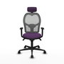 Silla de oficina Jorquera con mecanismo Sincro tapizada con Tela color Morado y malla color Gris. Equipada con lumbar 1D, Brazos 1D, Cabecero 2D y Ruedas 65mm nailon