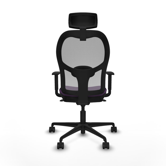 Silla de oficina Jorquera con mecanismo Sincro tapizada con Tela color Morado y malla color Gris. Equipada con lumbar 1D, Brazos 1D, Cabecero 2D y Ruedas 65mm nailon