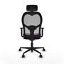 Silla de oficina Jorquera con mecanismo Sincro tapizada con Tela color Morado y malla color Gris. Equipada con lumbar 1D, Brazos 1D, Cabecero 2D y Ruedas 65mm nailon