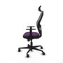 Silla de oficina Jorquera con mecanismo Sincro tapizada con Tela color Morado y malla color Gris. Equipada con lumbar 1D, Brazos 1D, Cabecero 2D y Ruedas 65mm nailon