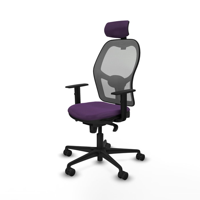 Silla de oficina Jorquera con mecanismo Sincro tapizada con Tela color Morado y malla color Gris. Equipada con lumbar 1D, Brazos 1D, Cabecero 2D y Ruedas 65mm nailon